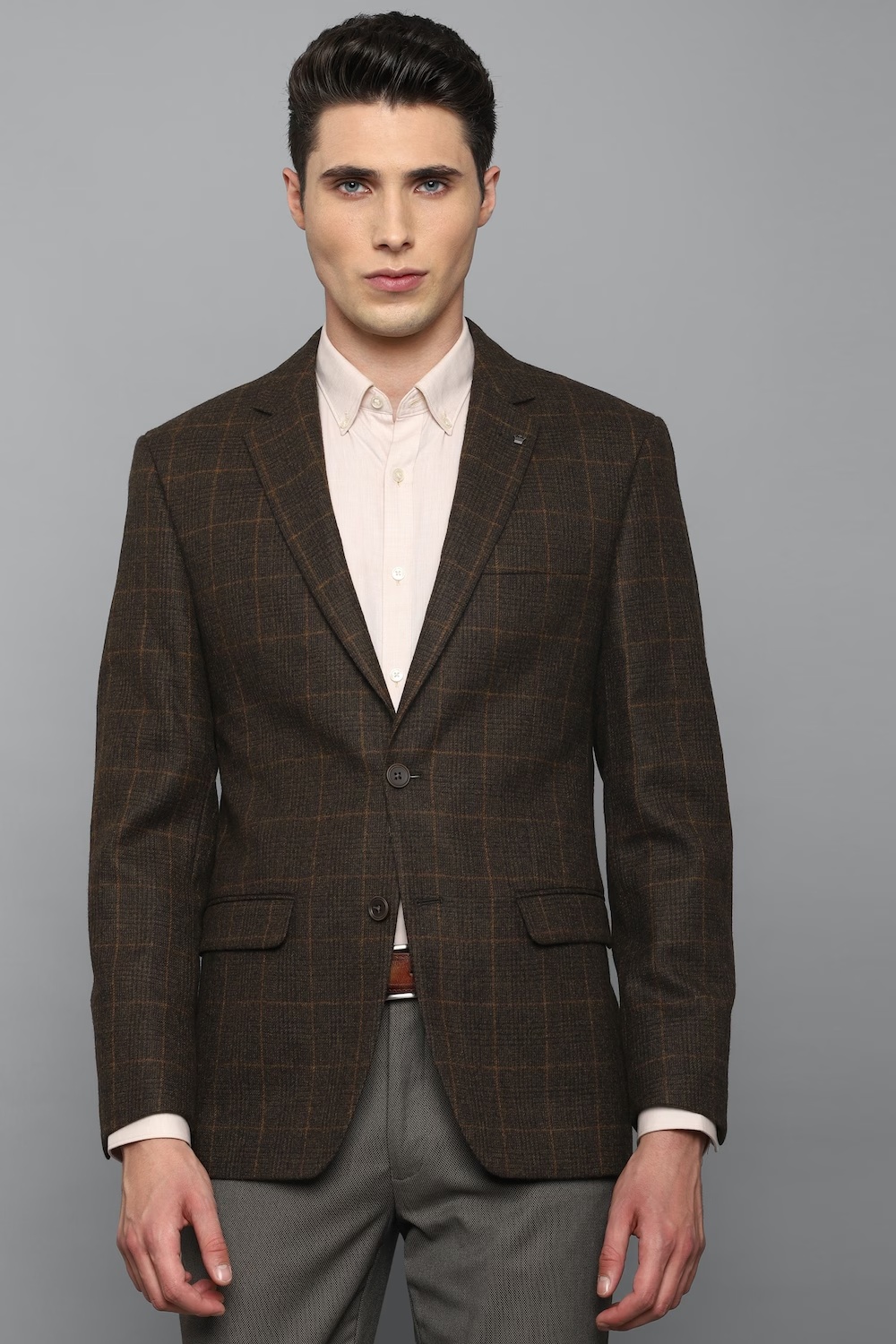 Men Brown Regular Fit Check Formal Blazer-Brown