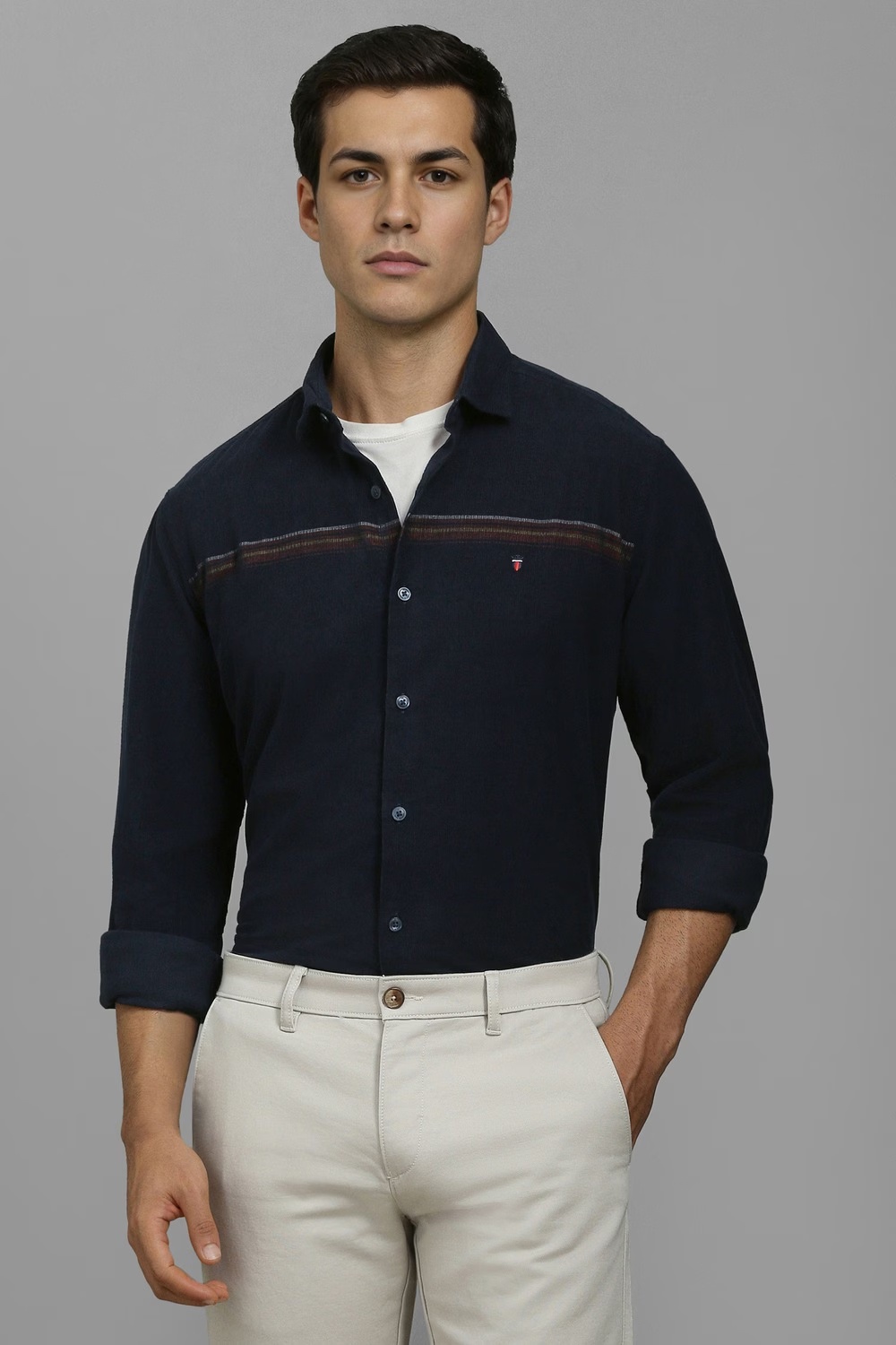 Men Navy Slim Fit Stripe Full Sleeves Casual Shirt-Navy