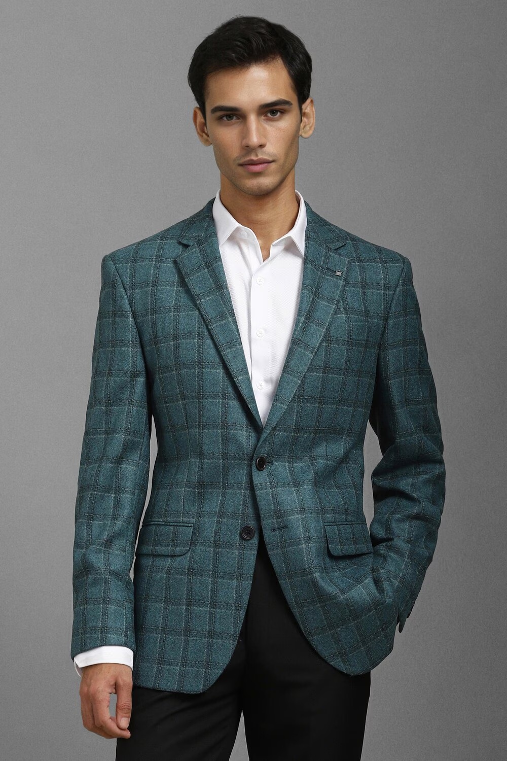 Men Green Regular Fit Check Formal Blazer-Green