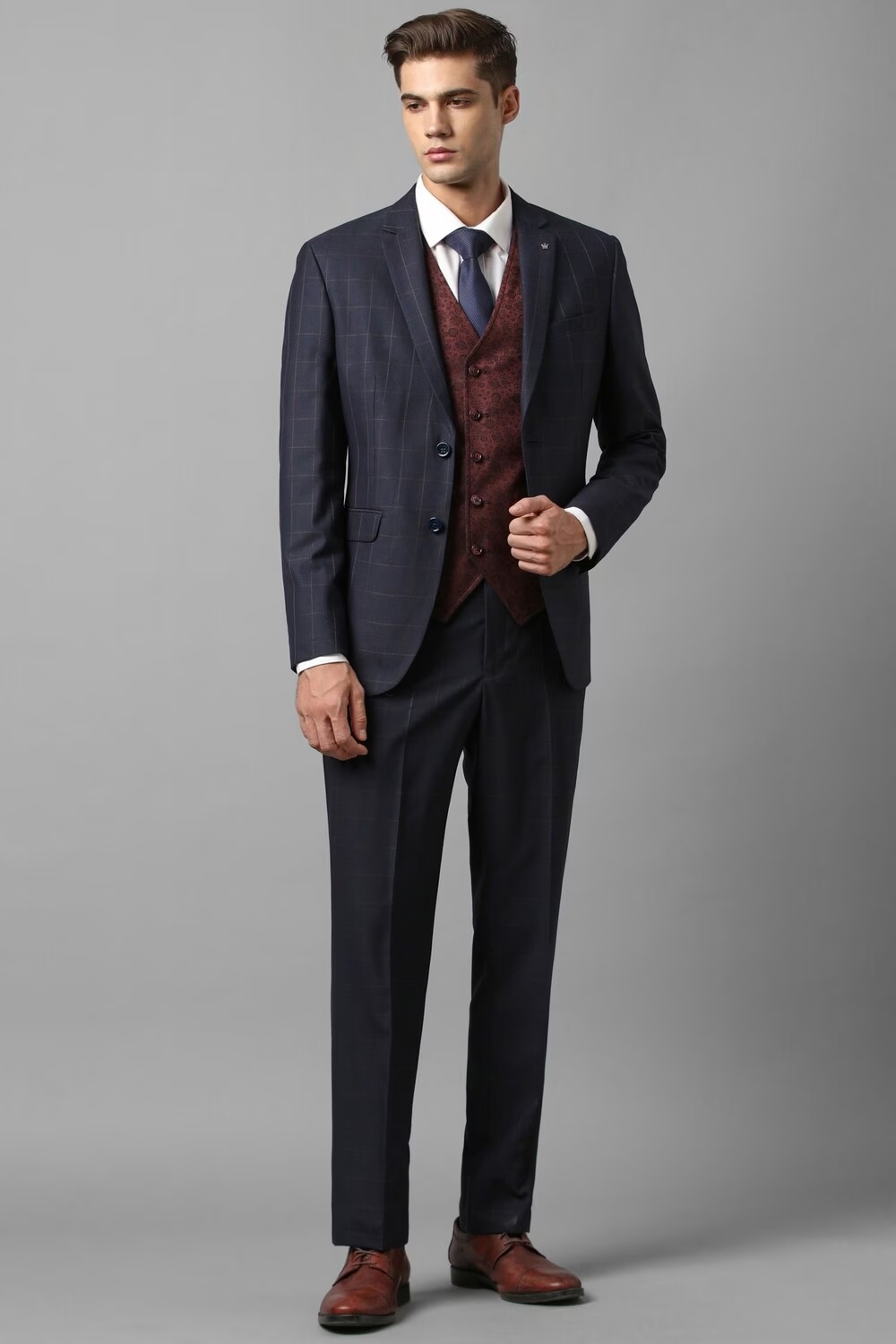 Men Navy Slim Fit Check Formal Three Piece Suit-Navy