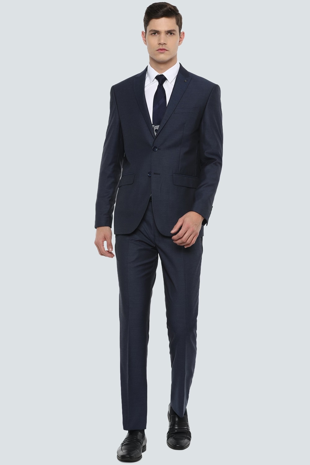 Men Navy Slim Fit Textured Formal Three Piece Suit-Navy