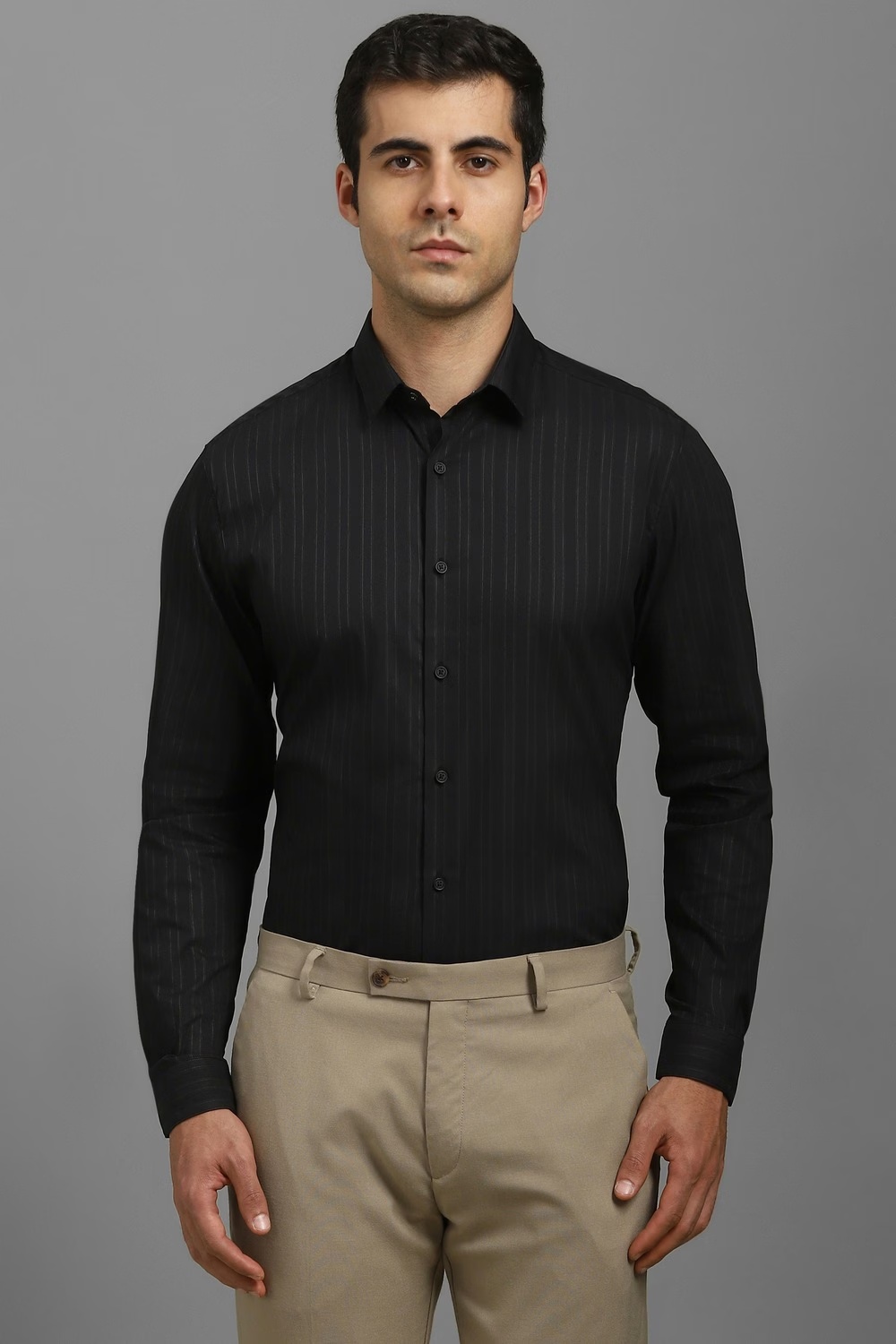 Men Black Super Slim Fit Stripe Full Sleeves Casual Shirt-Black