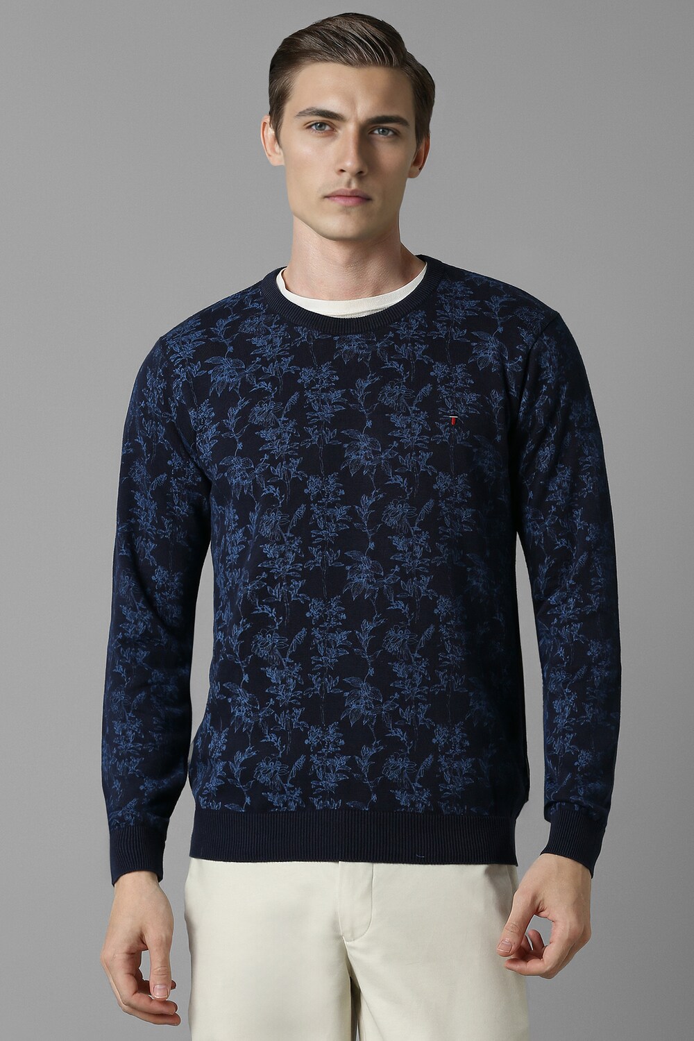 Men Navy Print Crew Neck Full Sleeves Sweater-Navy