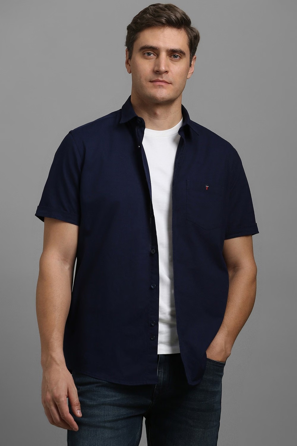 Men Navy Solid Half Sleeves Casual Shirt-Navy