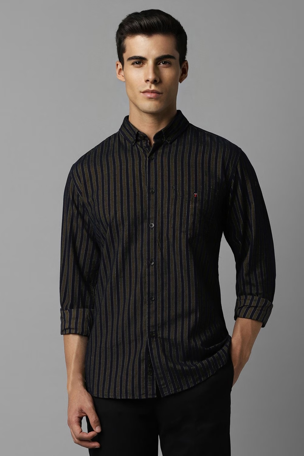 Men Navy Stripe Full Sleeves Casual Shirt-Navy
