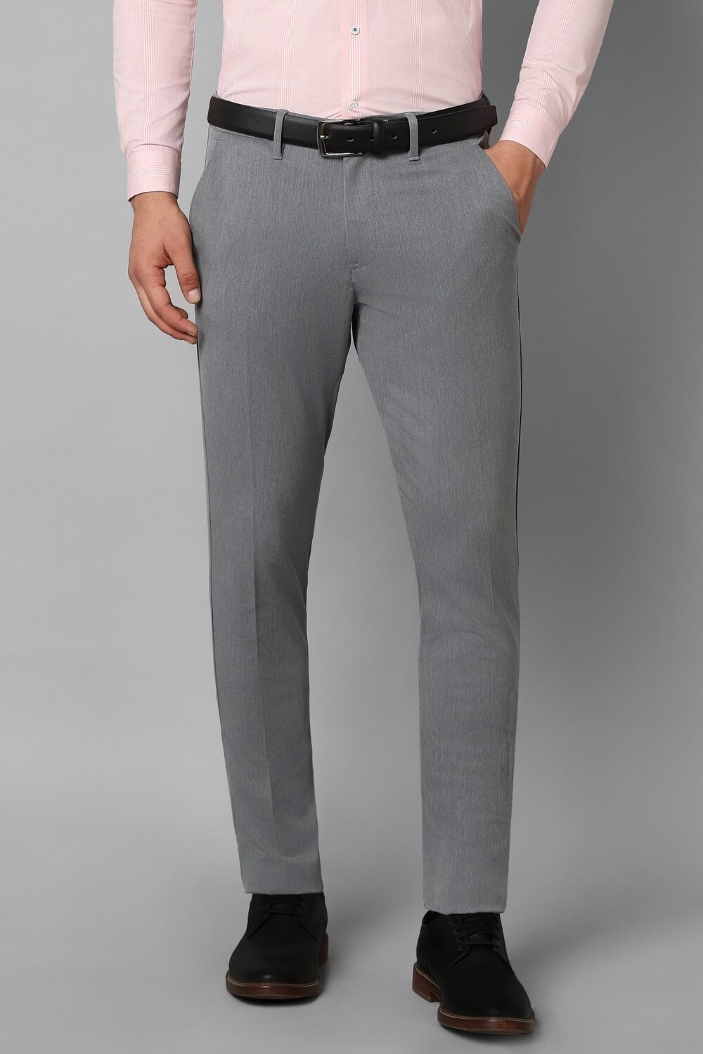 Men Grey Contemporary Fit Textured Flat Front Casual Trousers-Grey