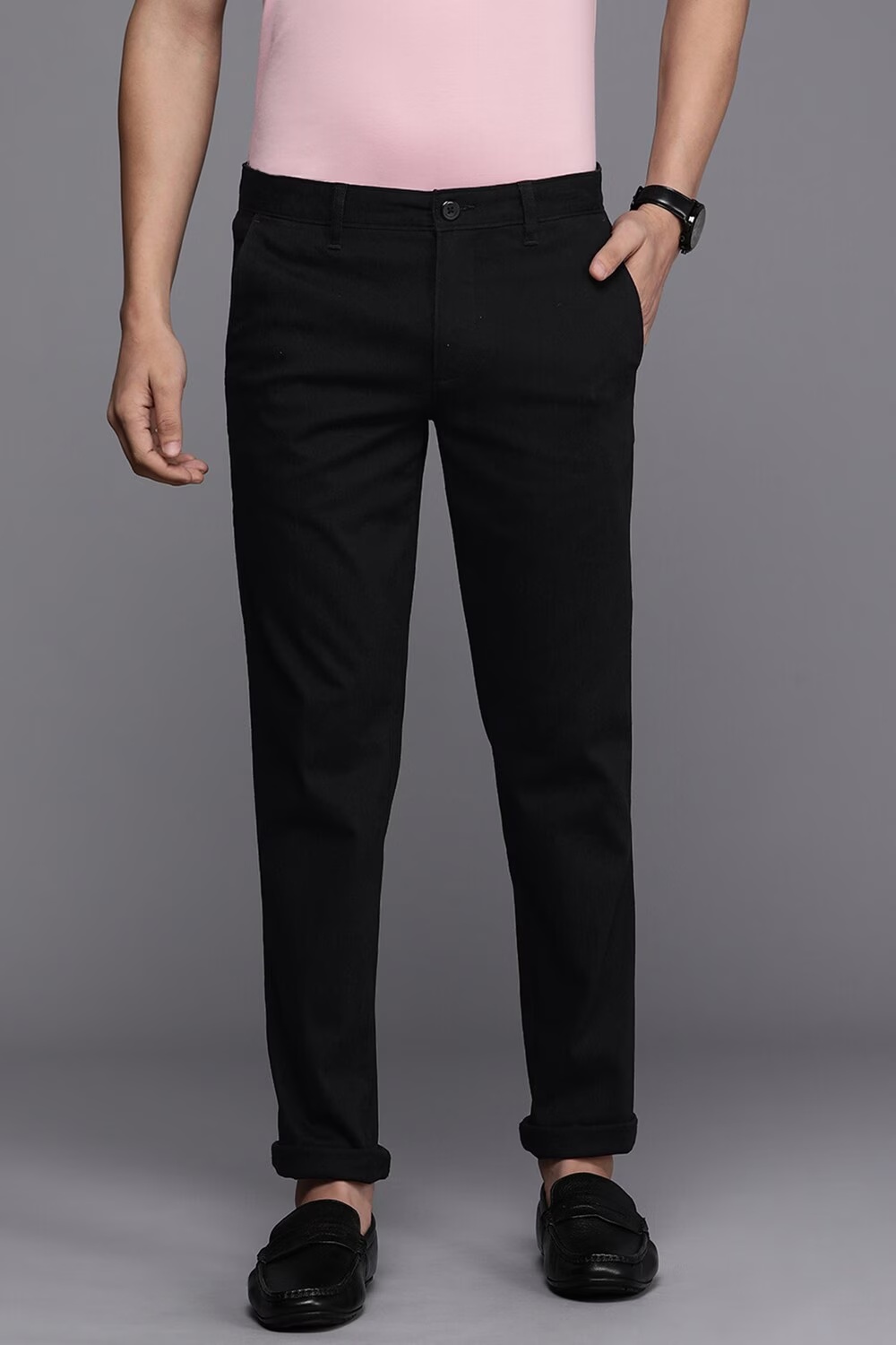 Men Black Smart Fit Solid Flat Front Casual Trousers-Black