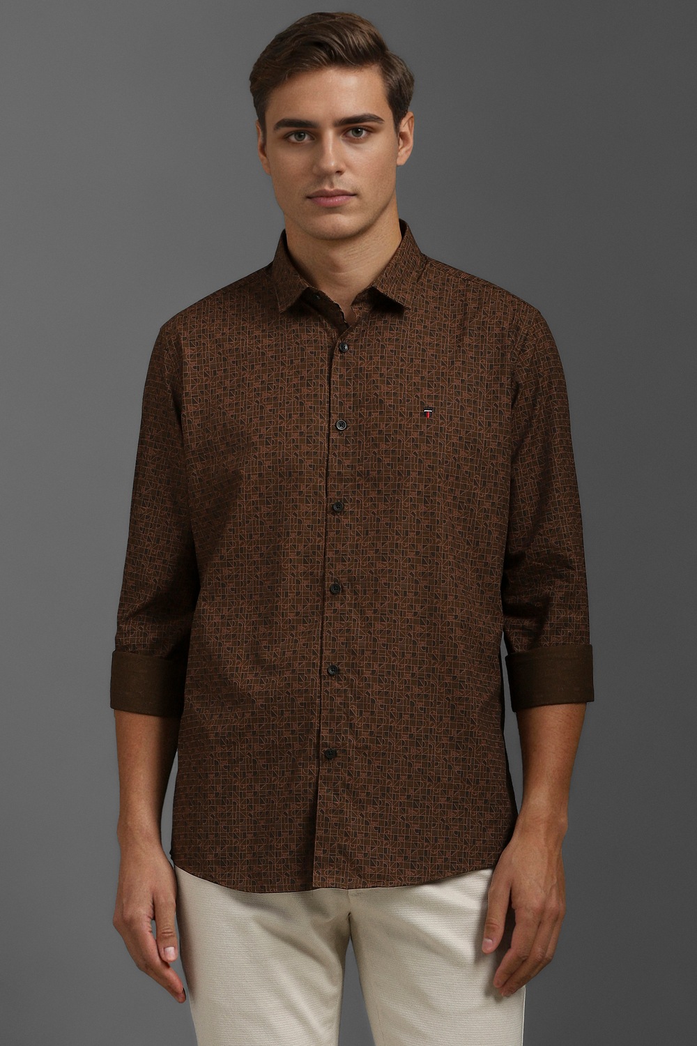 Men Brown Print Full Sleeves Casual Shirt-Brown