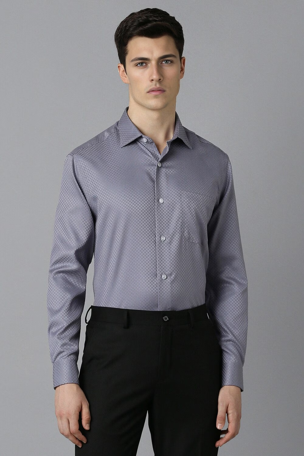 Men Grey Classic Fit Textured Full Sleeves Formal Shirt-Grey