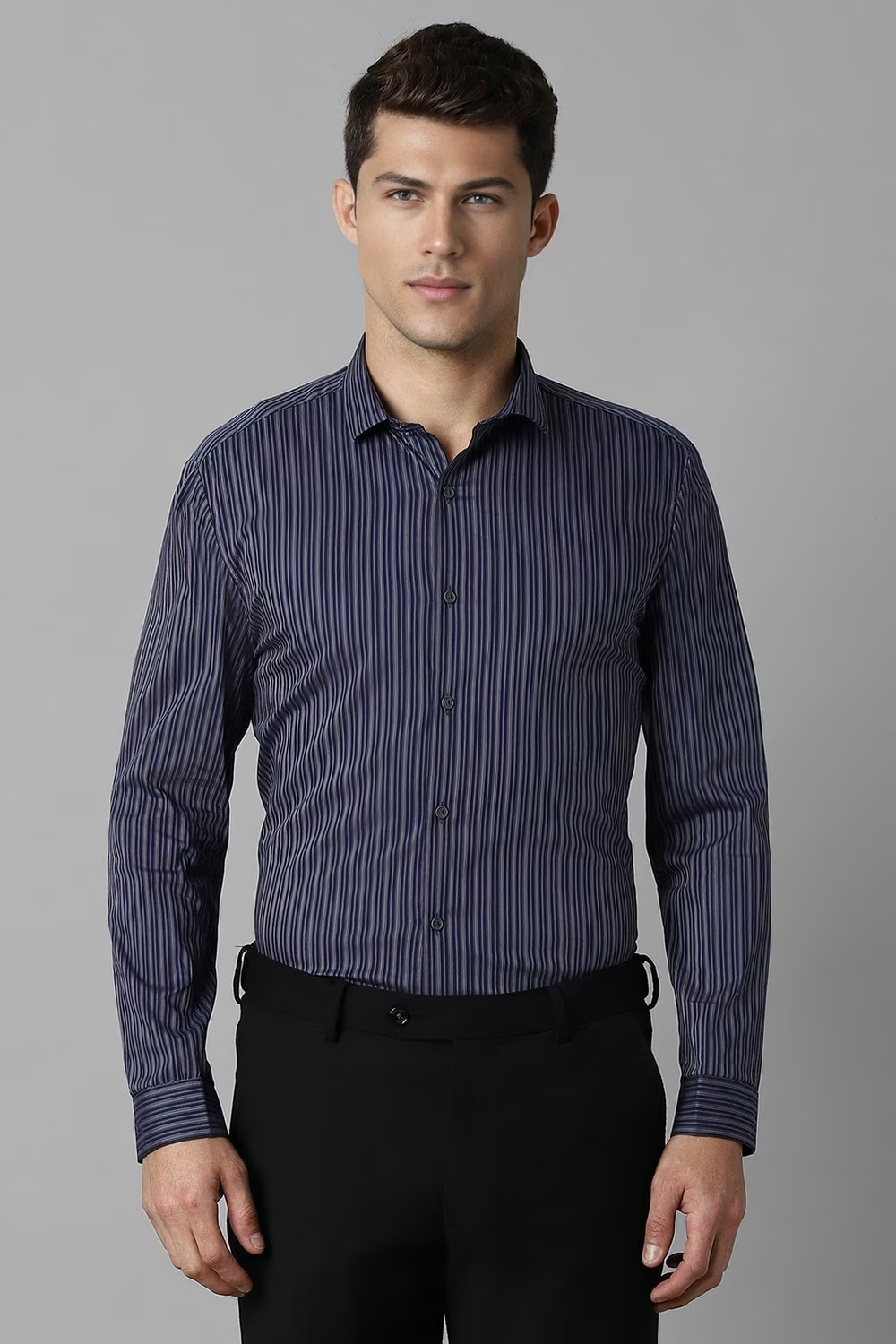 Men Navy Stripe Full Sleeves Casual Shirt-Navy