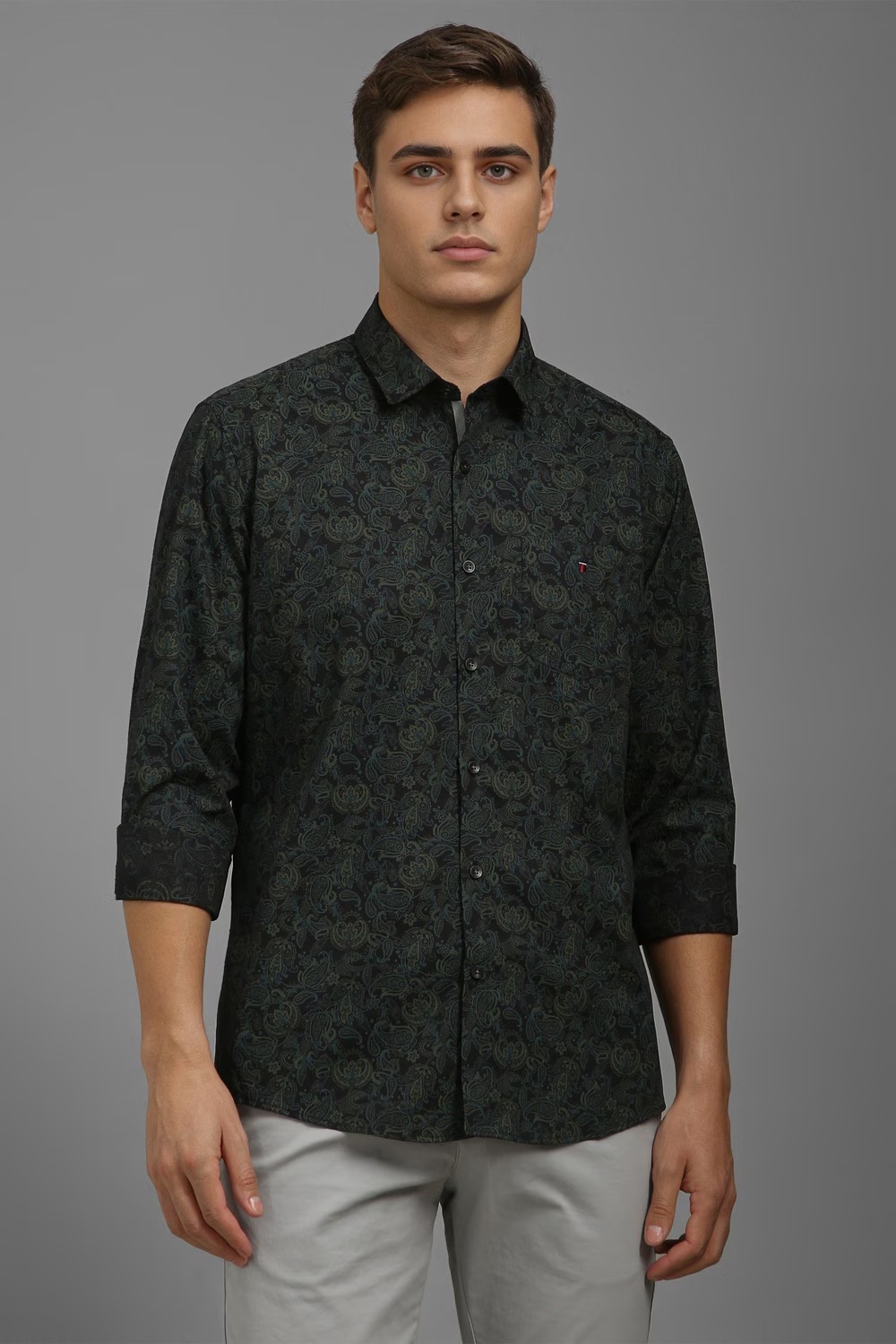 Men Black Slim Fit Print Full Sleeves Casual Shirt-Black