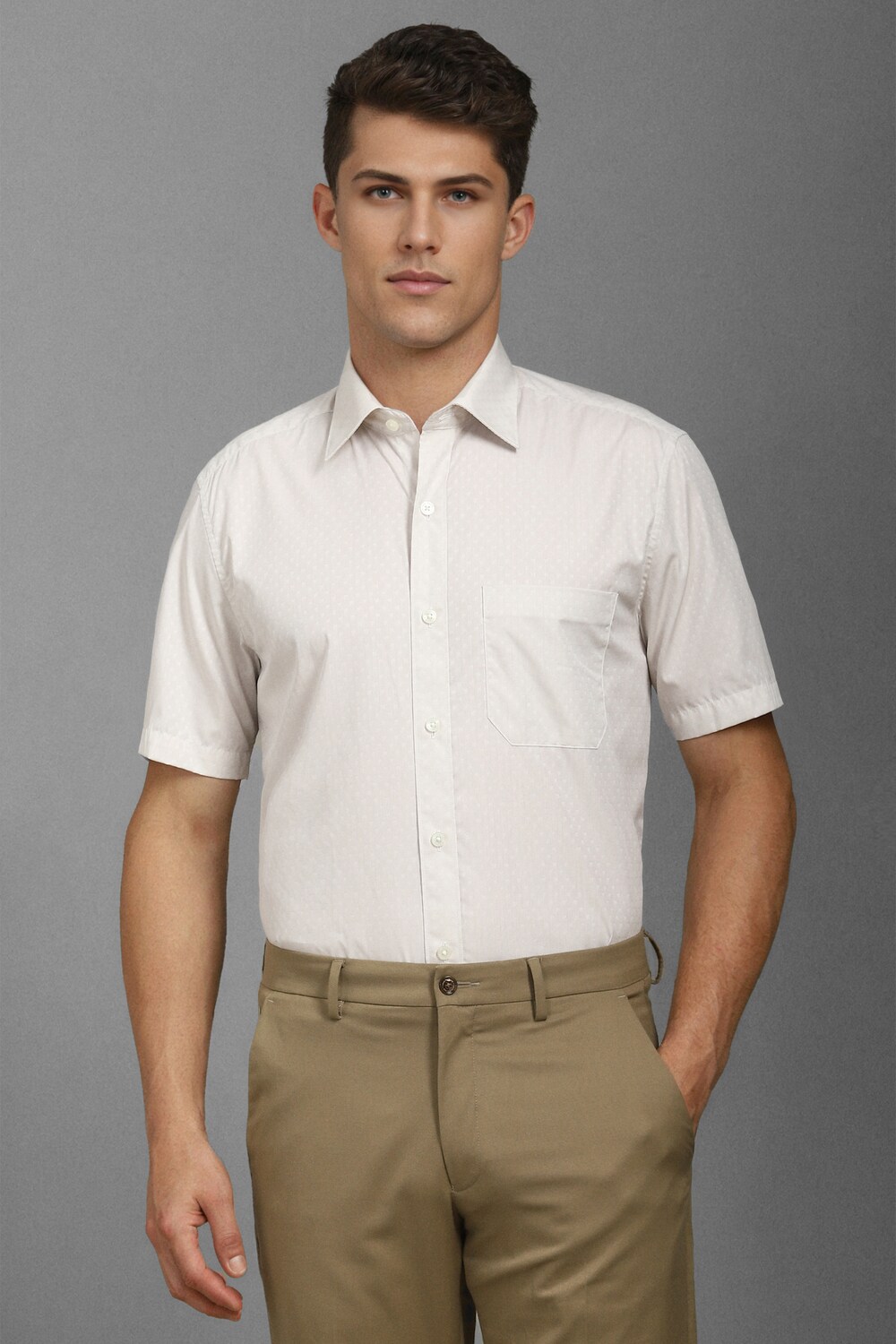 Men Beige Classic Fit Textured Half Sleeves Formal Shirt-Beige
