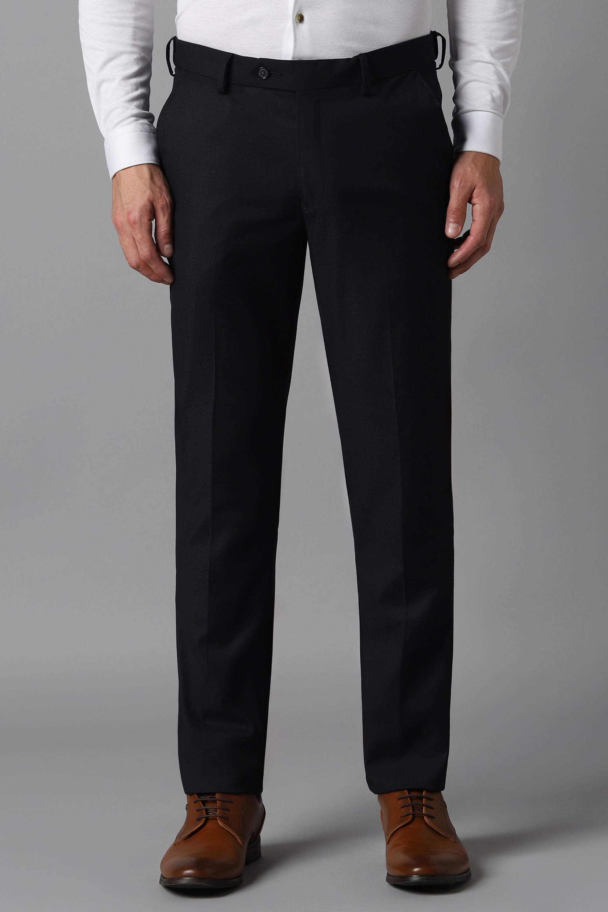 Men Black Slim Fit Dots Flat Front Formal Trousers-Black