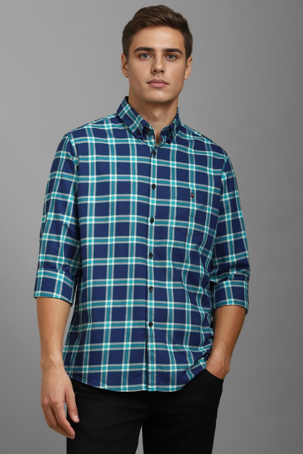 Men Navy Slim Fit Check Full Sleeves Casual Shirt-Navy
