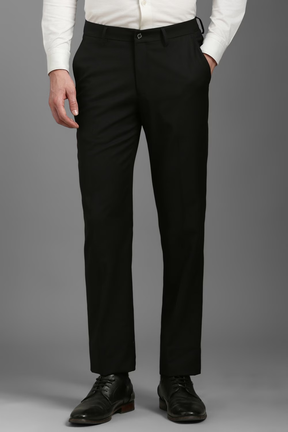 Men Black Slim Fit Textured Flat Front Formal Trousers-Black