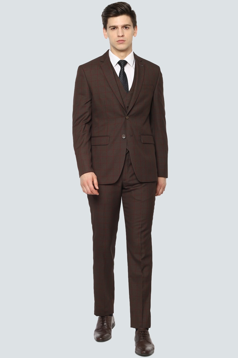 Men Brown Slim Fit Check Formal Three Piece Suit-Brown