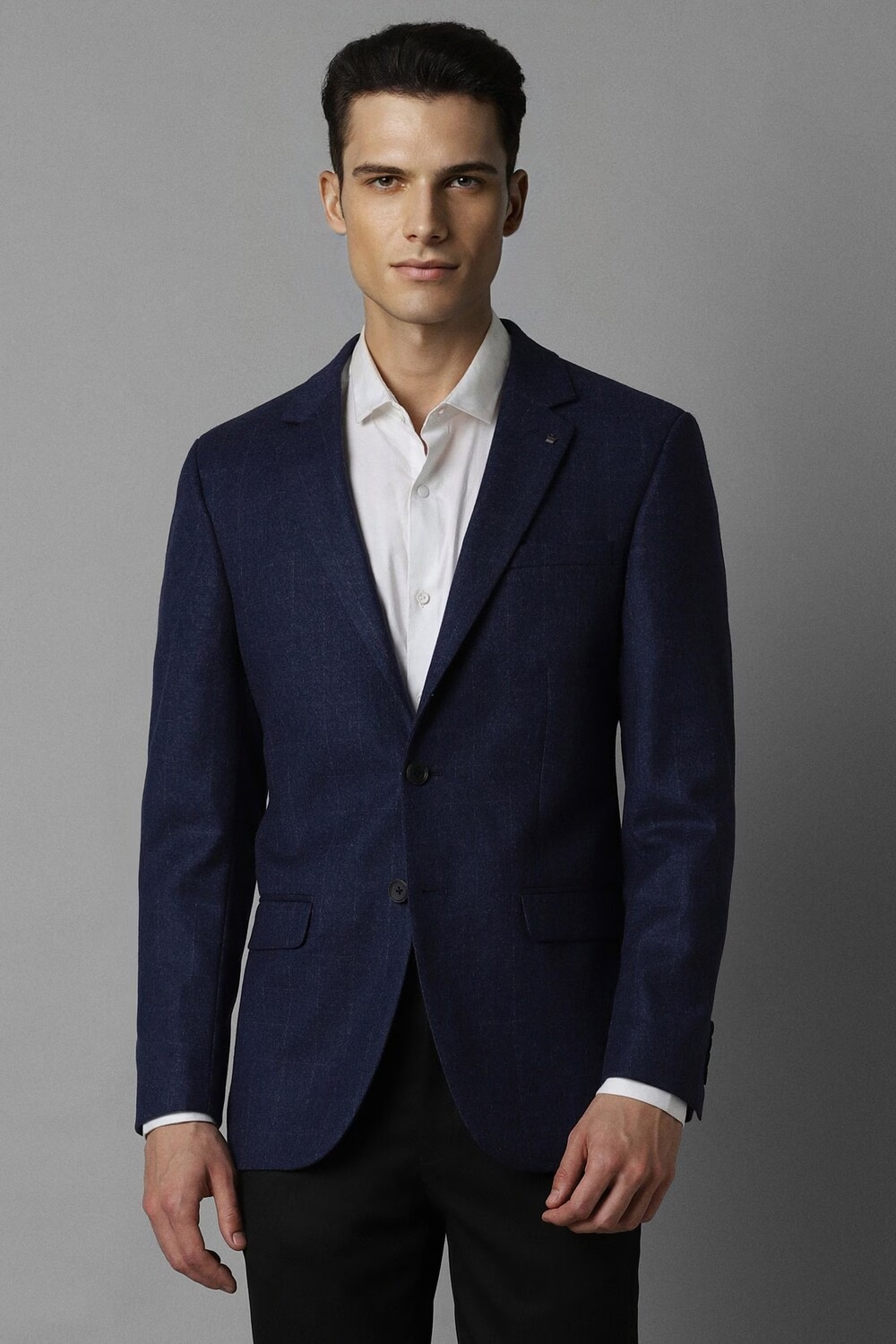 Men Navy Regular Fit Check Formal Blazer-Navy