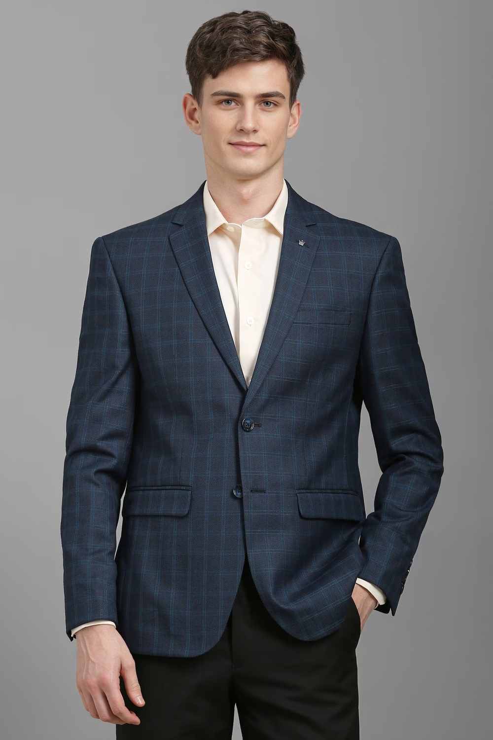 Men Navy Slim Fit Check Formal Blazer-Navy