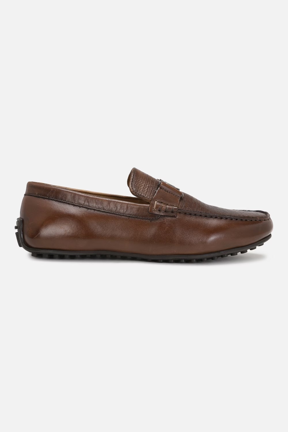 Men Metal Saddle Leather Brown Moccassin Slip On Shoes-Brown
