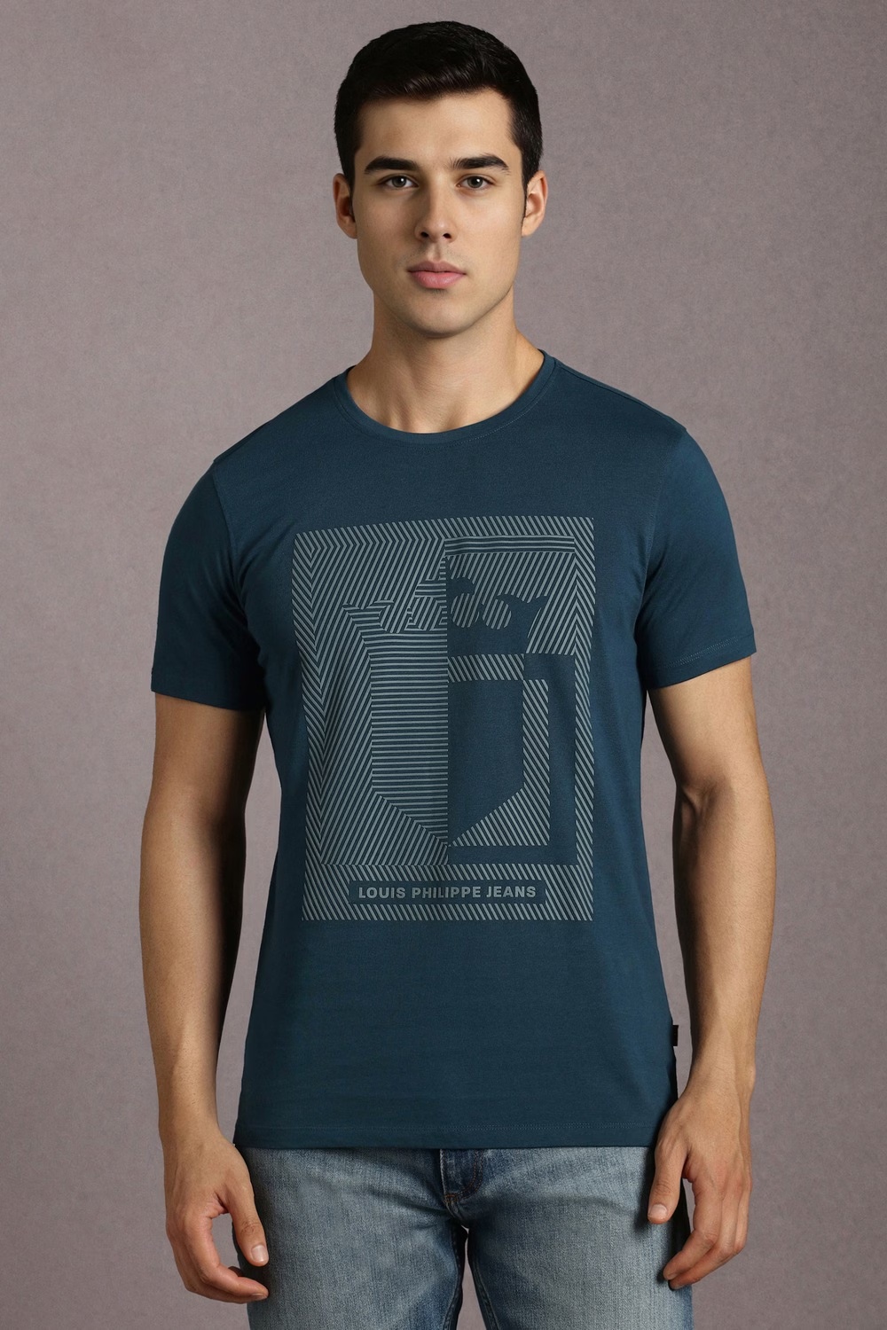 Men Navy Graphic Print Crew Neck T-shirt-Navy