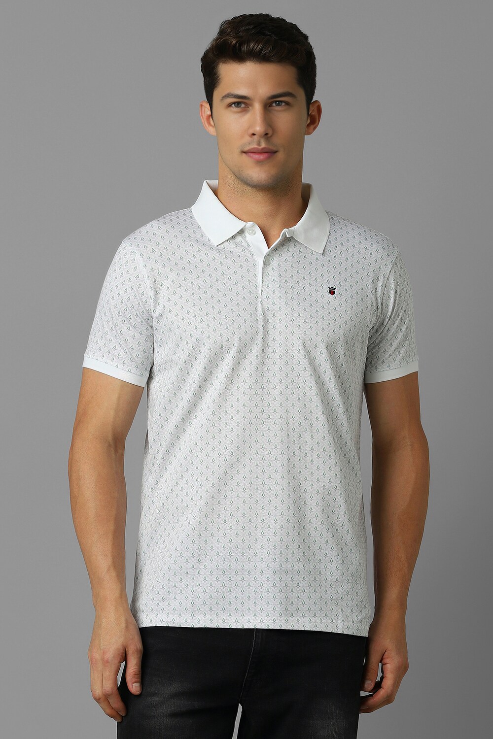 Men White Print Polo Neck T-shirt-White