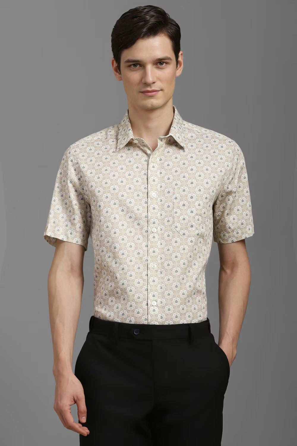 Men Beige Slim Fit Print Half Sleeves Formal Shirt-Beige 1 32866-men-beige-slim-fit-print-half-sleeves-formal-shirt-beige-1.jpg
