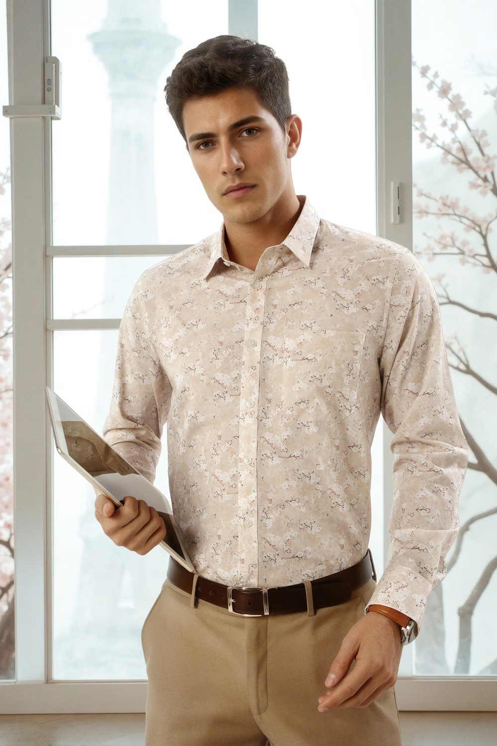 Men Beige Classic Fit Print Full Sleeves Formal Shirt-Beige