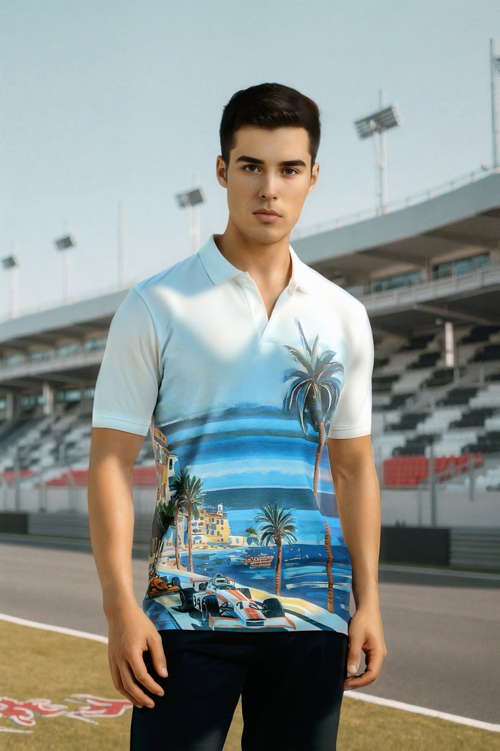 Men White Graphic Print Polo Neck T-shirt-White