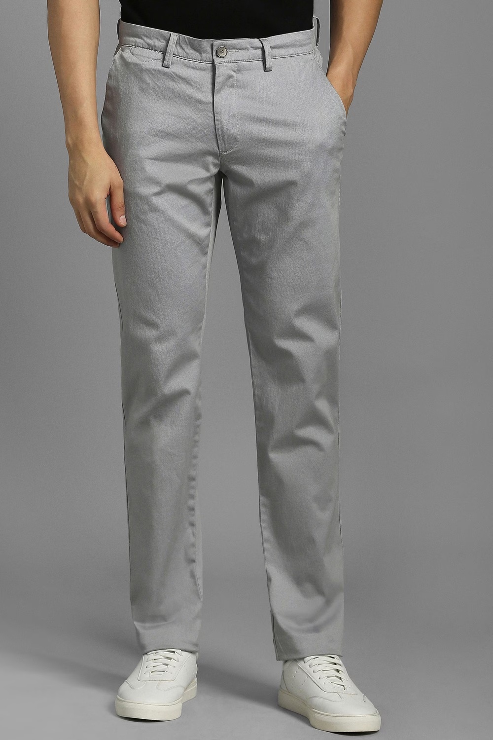 Men Grey Textured Flat Front Casual Trousers-Grey