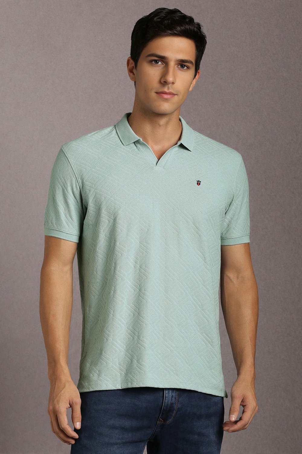 Men Light Blue Textured Polo Neck T-shirt-Light Blue