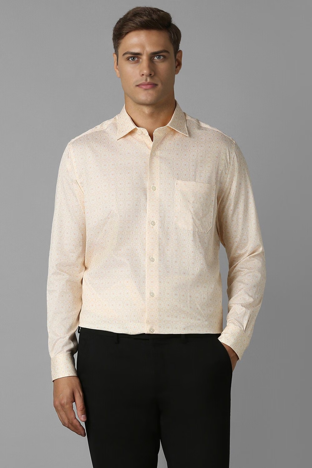 Men Beige Classic Fit Print Full Sleeves Formal Shirt-Beige