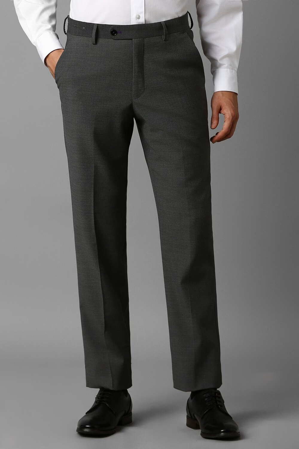 Men Grey Slim Fit Textured Flat Front Formal Trousers-Grey