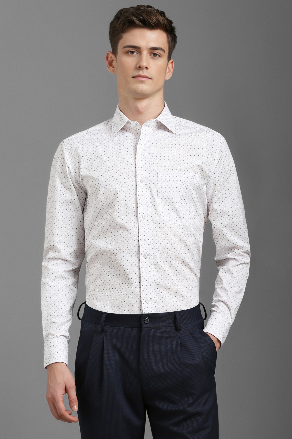 Men White Classic Fit Print Full Sleeves Formal Shirt-White