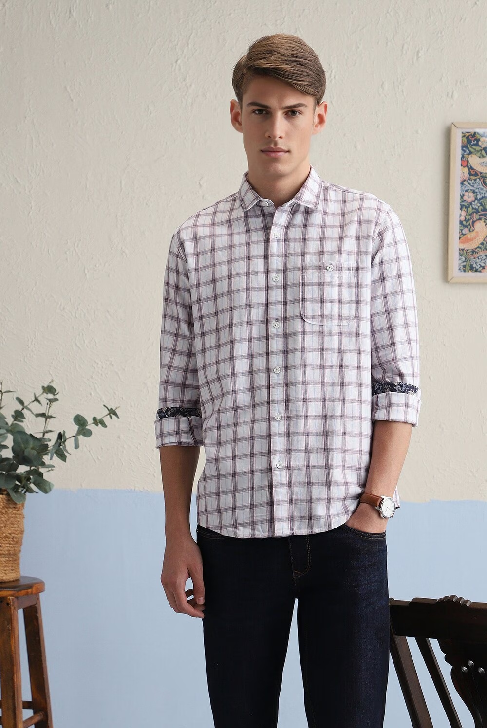 Men White Slim Fit Check Full Sleeves Casual Shirt-White