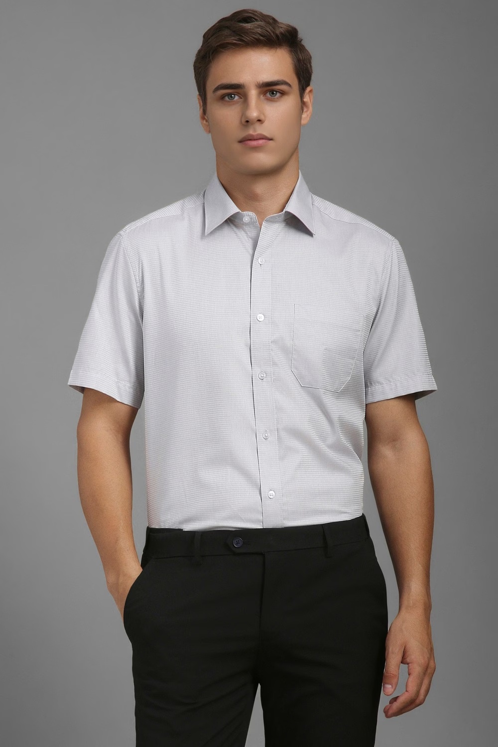 Men Grey Classic Fit Textured Half Sleeves Formal Shirt-Grey