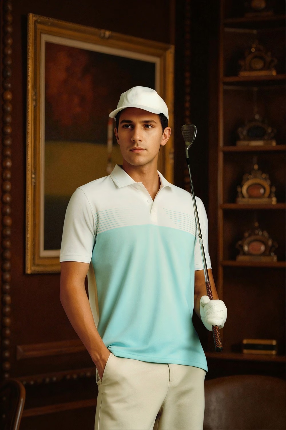 Men Light Blue Print Polo Neck T-shirt-Light Blue