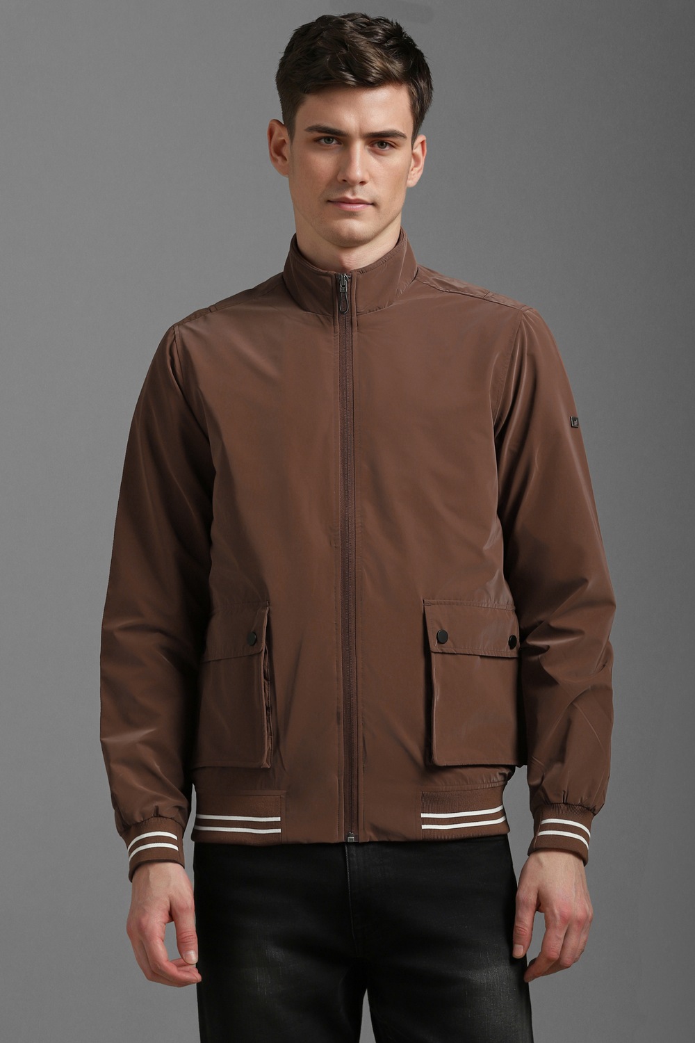 Men Casual Brown Solid Jackets-Brown