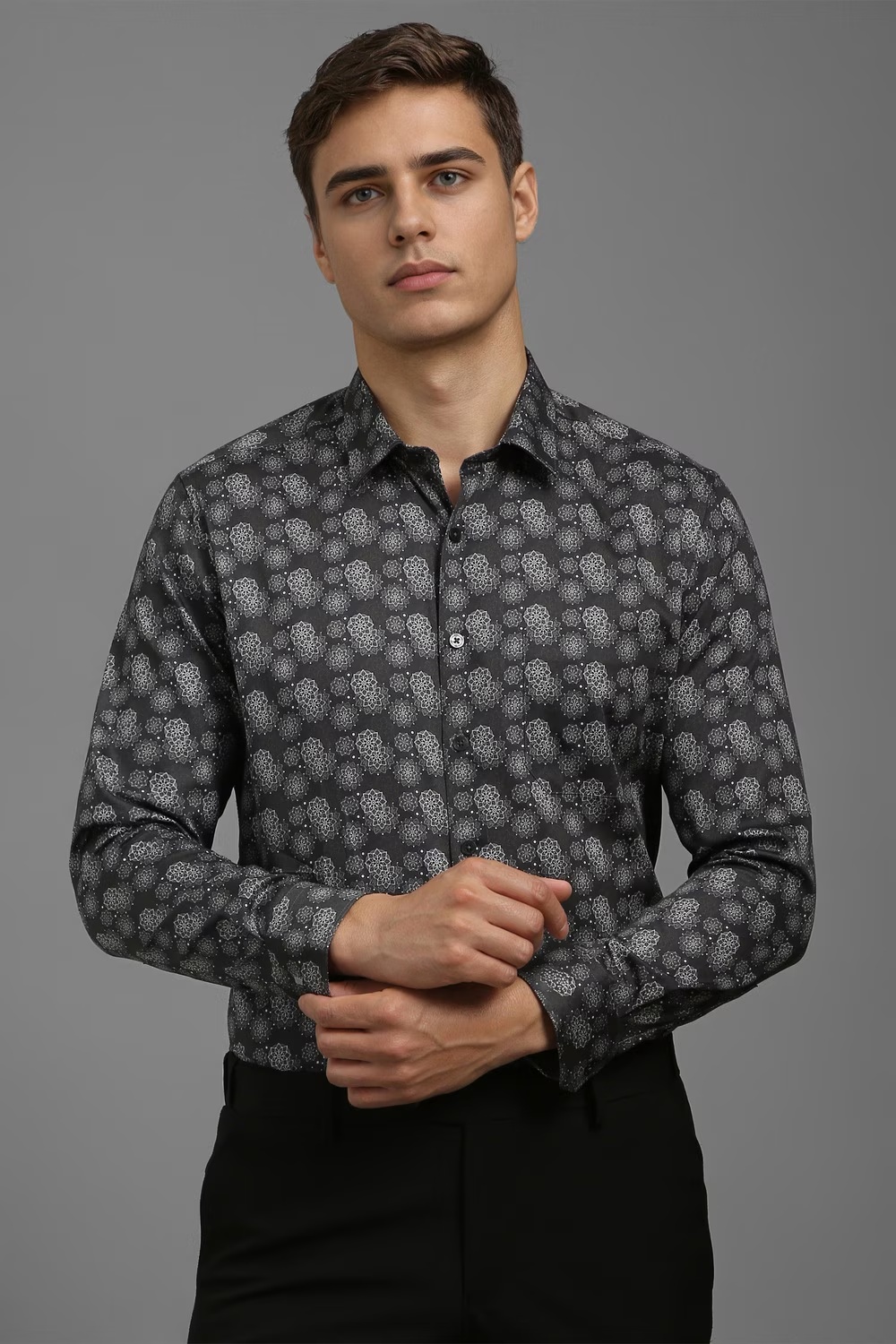 Men Grey Slim Fit Print Full Sleeves Formal Shirt-Grey