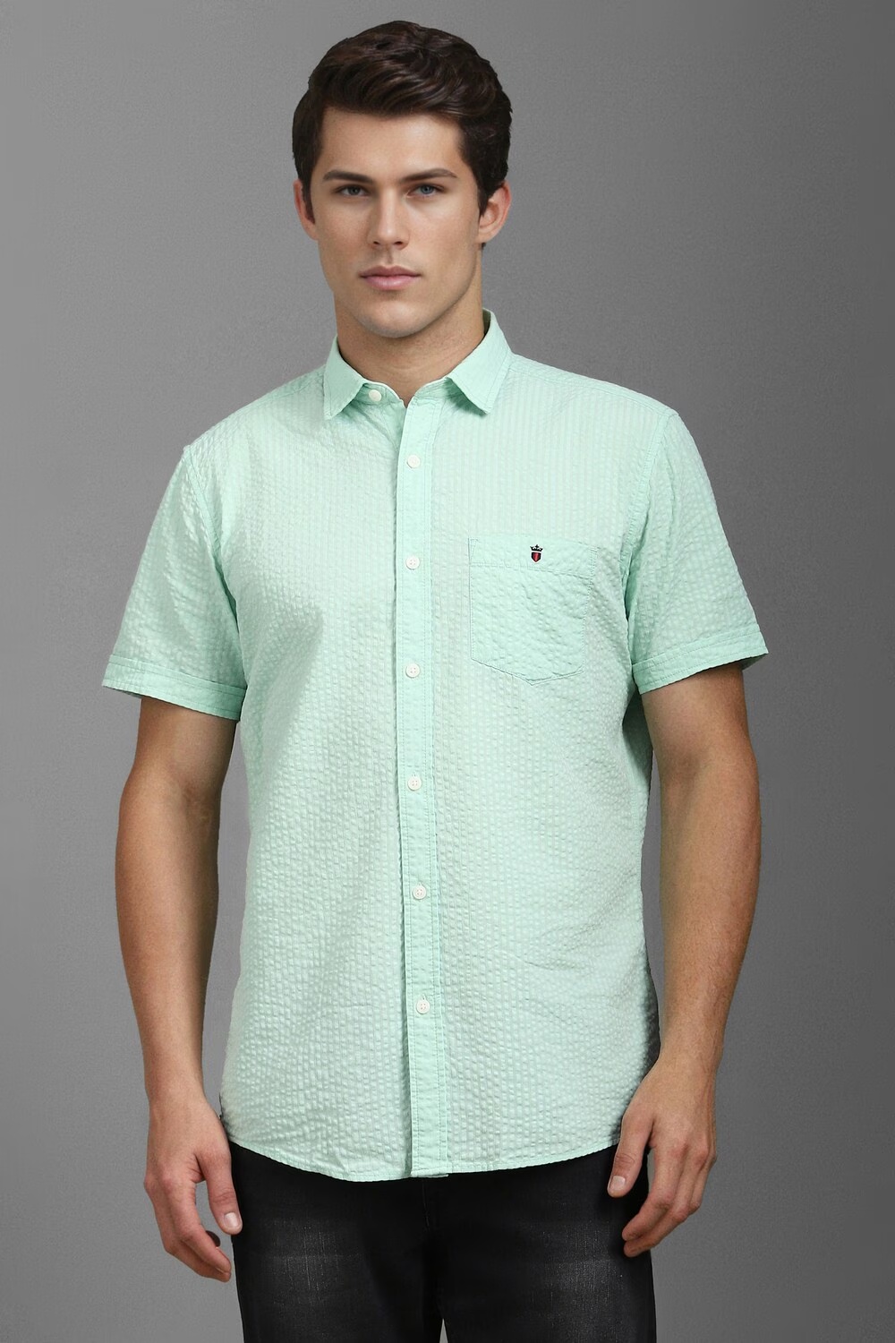 Men Green Slim Fit Textured Half Sleeves Casual Shirt-Green