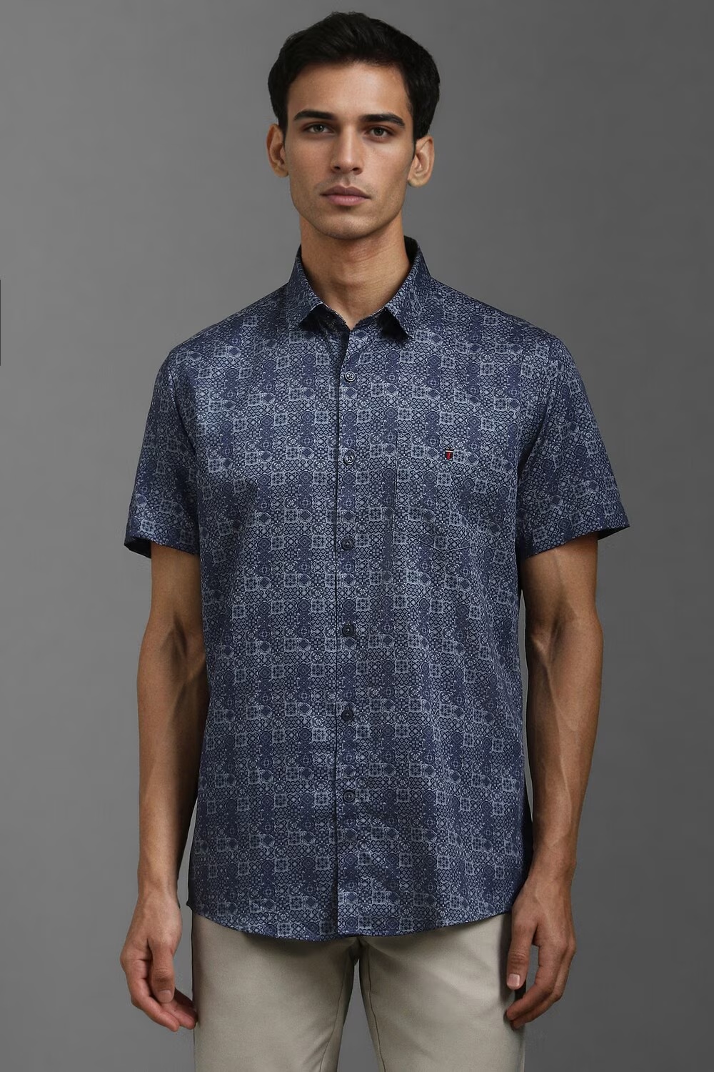 Men Navy Slim Fit Print Half Sleeves Casual Shirt-Navy