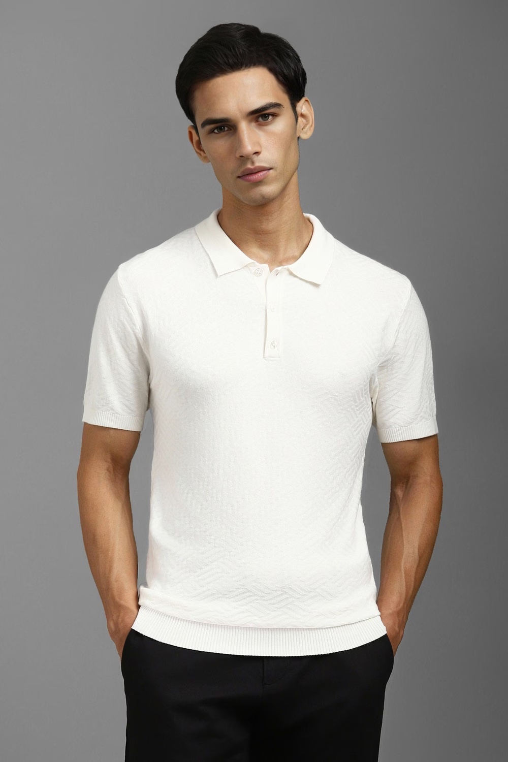 Men White Textured Polo Neck T-shirt-White 1 33657-men-white-textured-polo-neck-t-shirt-white-1.jpg