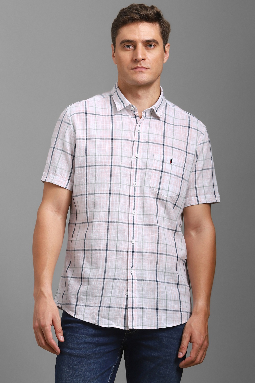 Men White Slim Fit Check Half Sleeves Casual Shirt-White