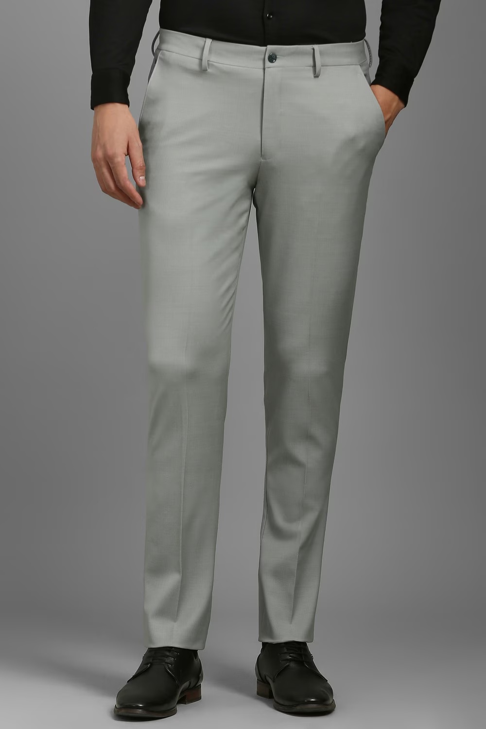 Men Grey Slim Fit Textured Flat Front Formal Trousers-Grey