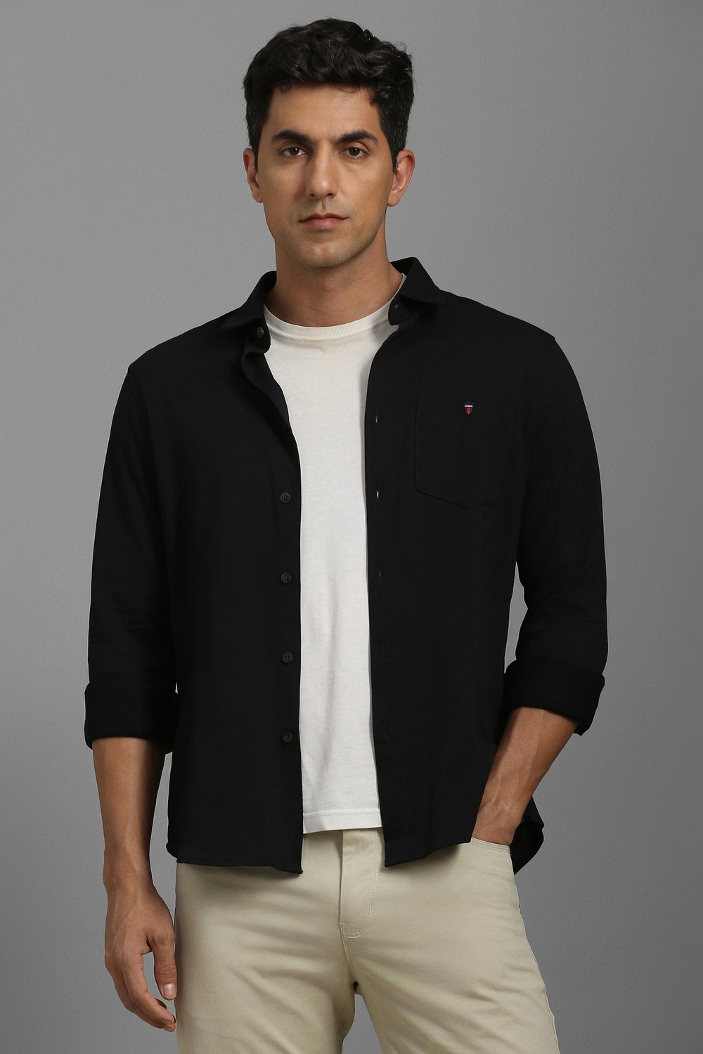 Men Black Solid Full Sleeves Casual Shirt-Black