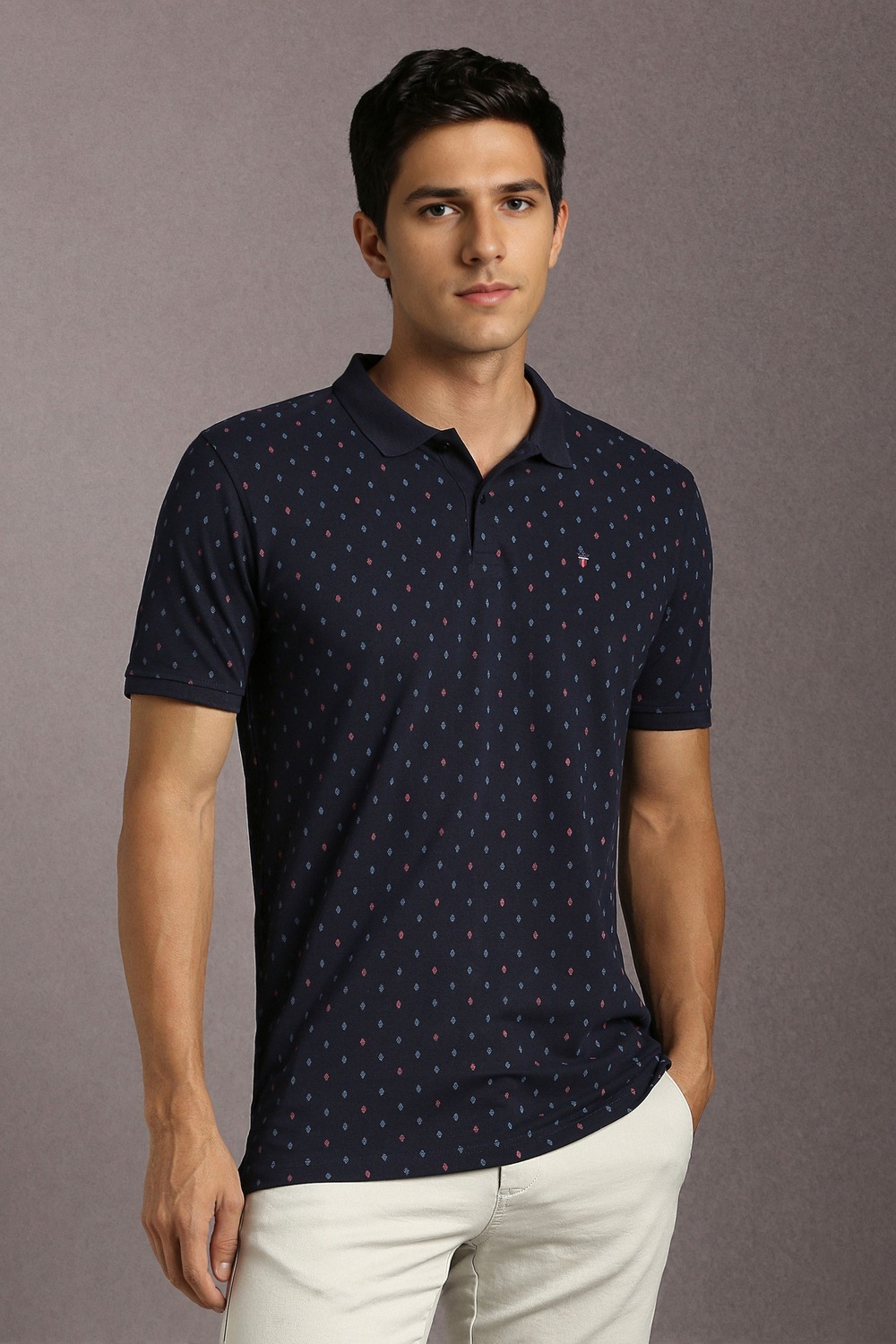 Men Navy Print Polo Neck T-shirt-Navy