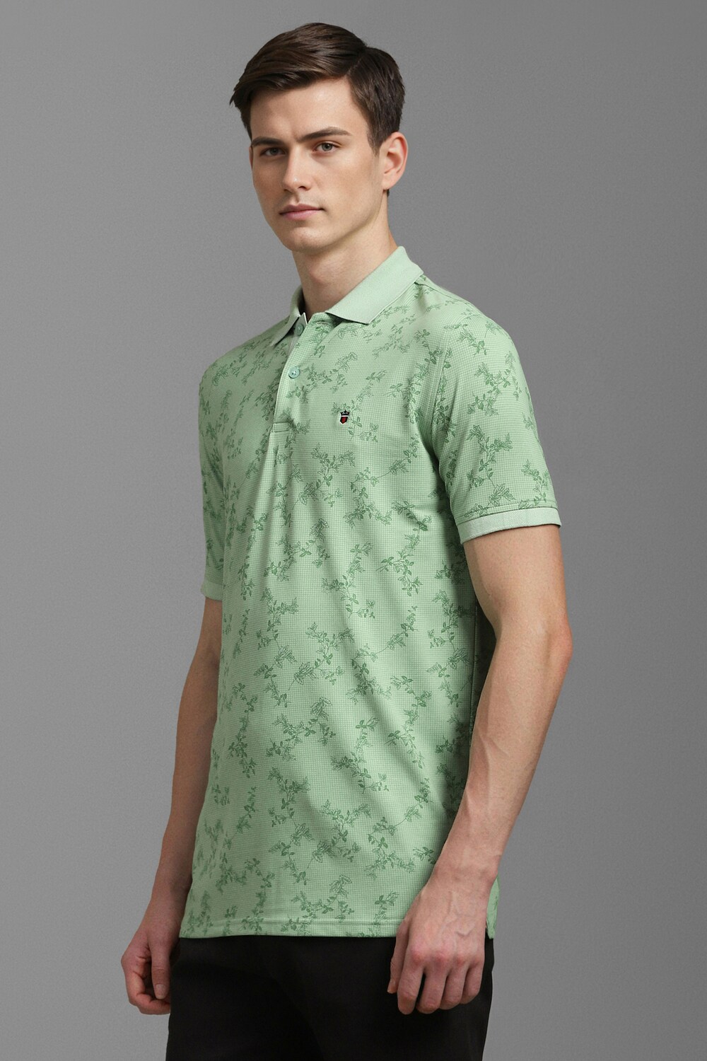 Men Green Print Polo Neck T-shirt-Green