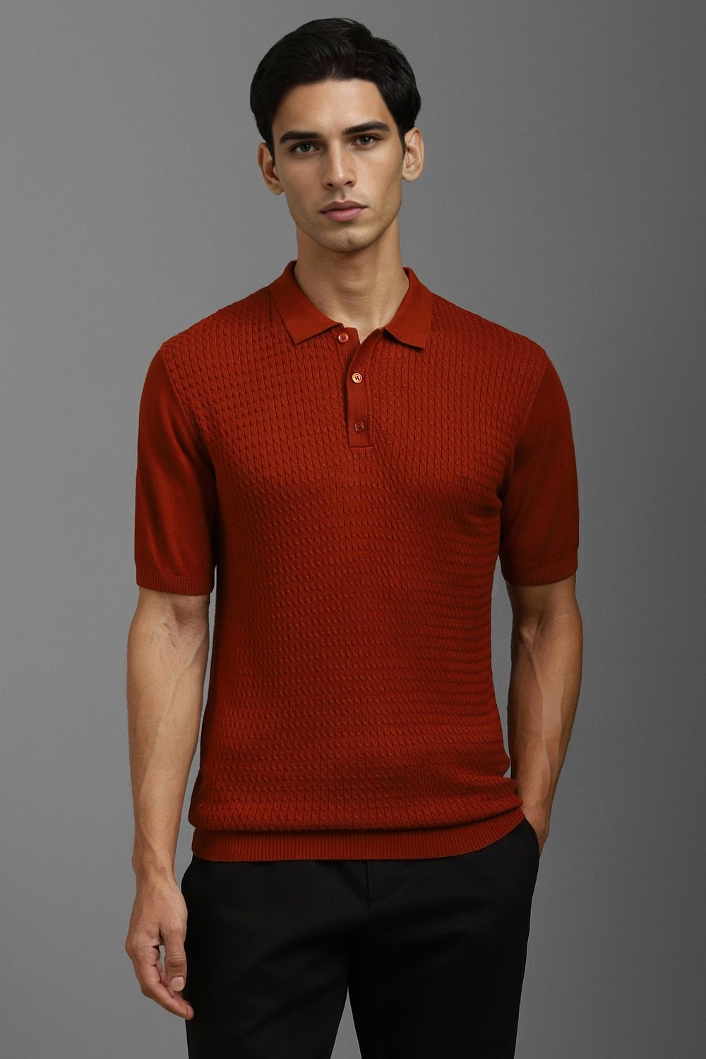 Men Red Textured Polo Neck T-shirt-Red