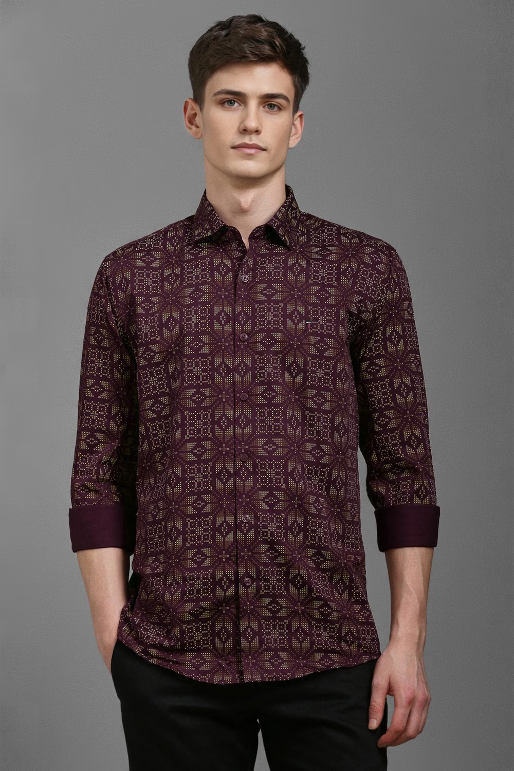 Men Maroon Slim Fit Print Full Sleeves Casual Shirt-Maroon