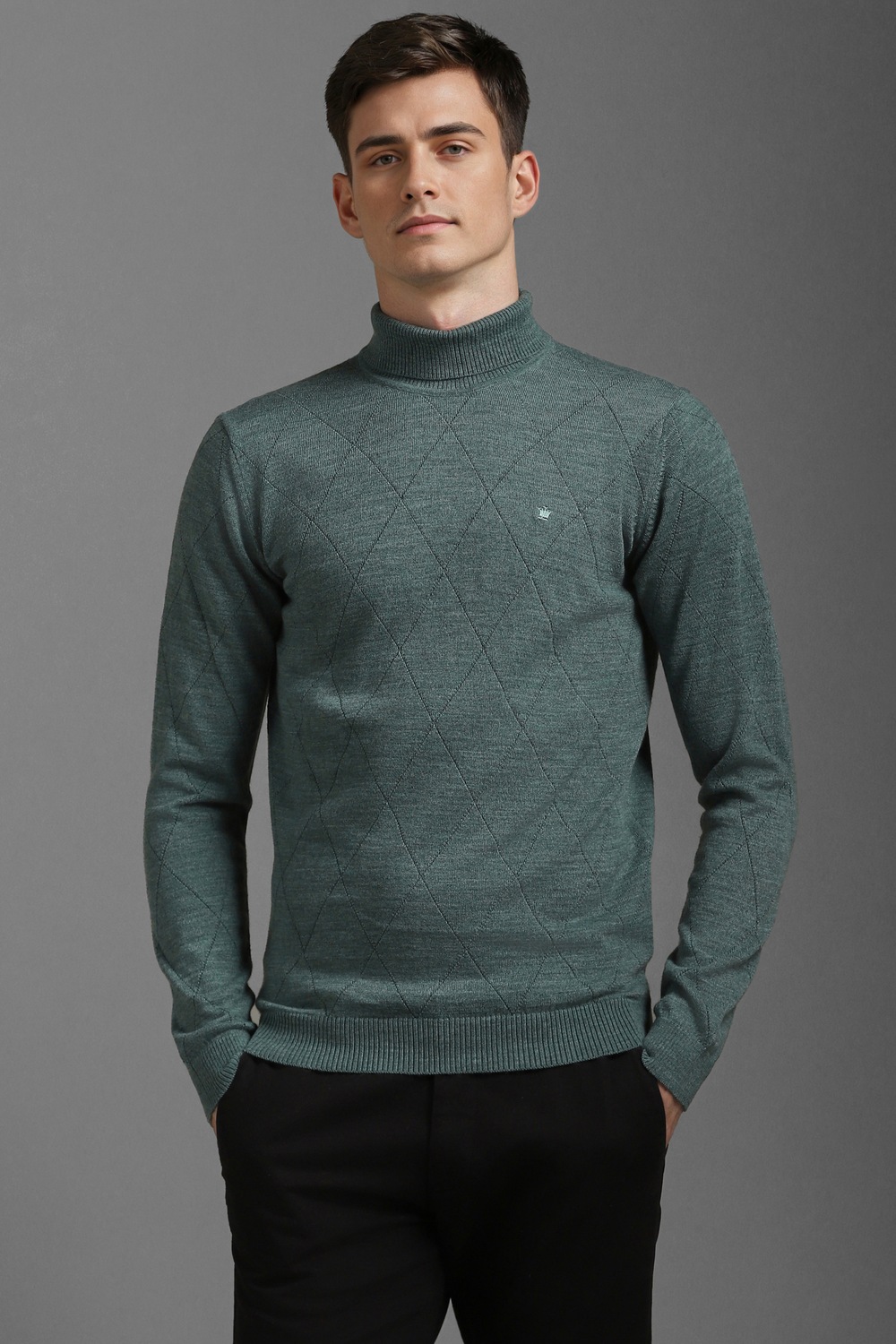 Men Green Argyle Turtle Neck Full Sleeves Sweater-Green
