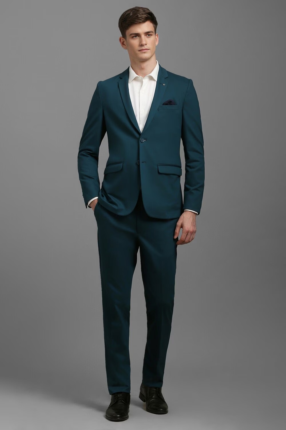 Men Green Slim Fit Solid Formal Two Piece Suit-Green